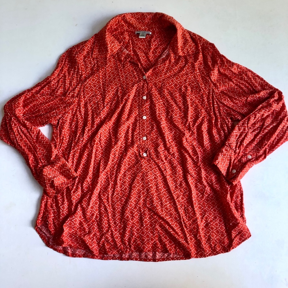 Dalia Collection Orange Patterned Collared Pullover Blouse